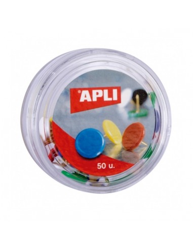 Apli Caja de 50 Chinchetas Niqueladas con Cabezal de Plastico - Cabeza Redondeada - Puntas Afiladas - Colores Surtidos