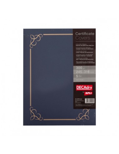 Apli Pack de 5 Carpetas para Certificados y Diplomas - 300gr - Borde Estampado - Pestañas Interiores - Color Azul