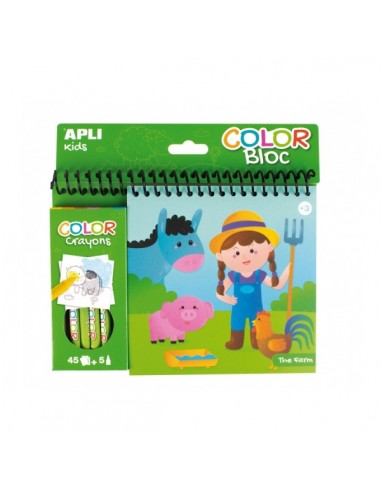 Apli Bloc de Dibujos de la Granja con Ceras - Ilustrado por Isabelle Nicolle - 45 Paginas - 5 Ceras de Colores - Ideal para
