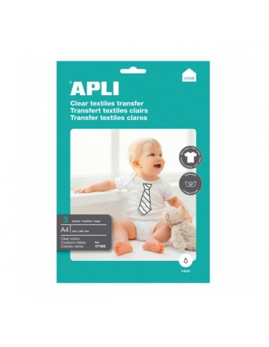 Apli Pack de 3 Hojas de Papel Transfer para Impresoras Inkjet - Ideal para Prendas Blancas y 100-Algodon - Facil Aplicacion