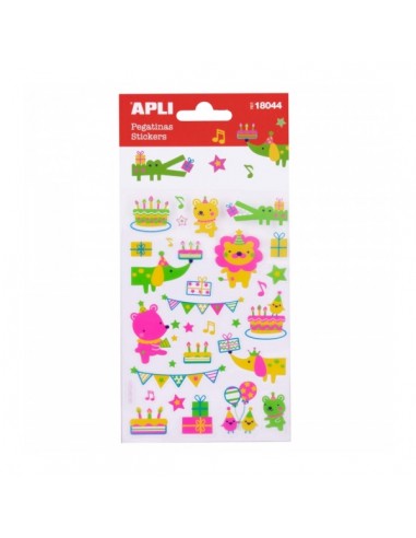 Apli Bolsa de Pegatinas Animales y Fiesta de Cumpleaños - Acabado Neon - Adhesivo Permanente - Ideal para Scrapbooking y
