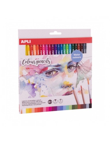 Apli Pack de 24 Lapices Acuarelables - Incluye Pincel - Uso Tradicional o Acuarela - Ideal para Pintar e Ilustrar