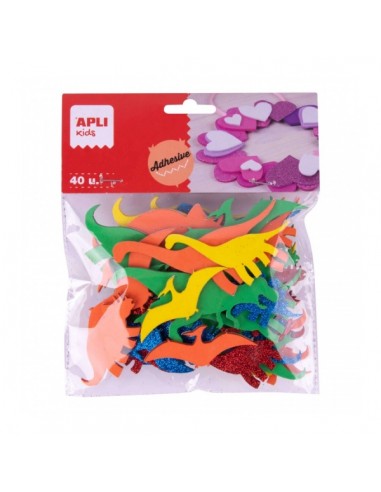 Apli Pack de 40 Dinosaurios Adhesivos de Goma EVA - Diseños Variados - Adhesivo Permanente - 8 Razas - Ideal para