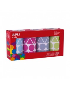 Apli Pack de 4 Rollos de Gomets Geometricos Surtidos - Formas Variadas - Faciles de Separar - Ideales para Guarderias - Alta