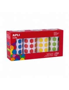 Apli Pack de 4 Rollos de Gomets Hexagonales - Adhesivo Permanente - 7.080 Gomets - Ideal para Guarderias - Adhesivo Base Agua