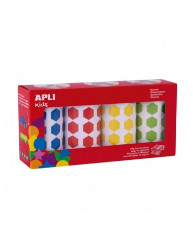 Apli Pack de 4 Rollos de Gomets Hexagonales - Adhesivo Permanente - 7.080 Gomets - Ideal para Guarderias - Adhesivo Base Agua