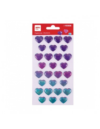 Apli Bolsa de Pegatinas de Corazones - Tornasol - Relieve - Efecto Metalizado - Adhesivo Permanente - Ideal para Scrapbooking