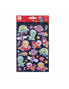 Apli Bolsa de Pegatinas Dinosaurios en el Espacio - Relieve y Detalles Metalizados - Adhesivo Permanente - Estimula
