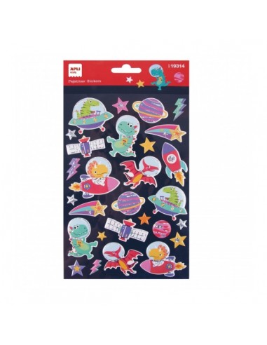 Apli Bolsa de Pegatinas Dinosaurios en el Espacio - Relieve y Detalles Metalizados - Adhesivo Permanente - Estimula