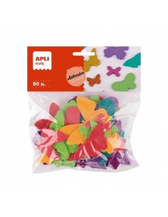 Apli Pack de 50 Mariposas de Goma EVA - Tamaños Surtidos - 6 Formas - con Purpurina - Ideal para Manualidades y Tarjetas -
