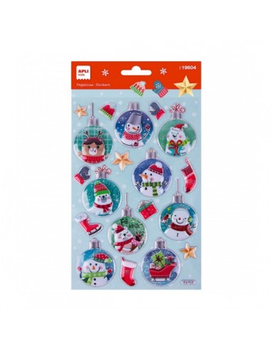 Apli Bolsa de Pegatinas Navideñas Bola Muñeco de Nieve - Adhesivo Permanente - Diseños Surtidos - Ideal para Decorar