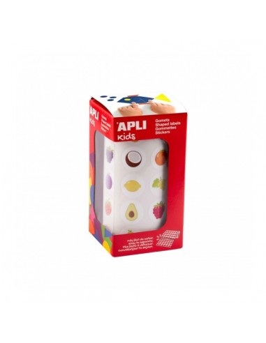 Apli Rollo de Gomets Frutas - Adhesivo Permanente - 900 Gomets - Formas Surtidas - Ideal para Guarderias - Desarrolla