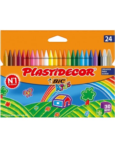 Bic Kids Plastidecor Caja de 24 Lapices de Cera - Extraresistentes - Facil de Sacar Punta - No Mancha