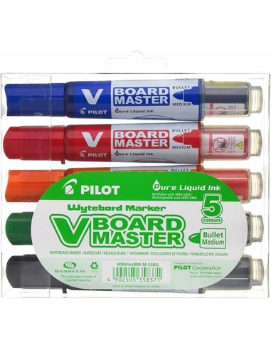 Pilot V-Board Master Begreen Pack de 5 Rotuladores para Pizarra Blanca - Punta Redonda 6mm - Trazo 2.3mm - 91-Plastico