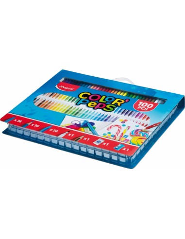 Maped Color`Peps Pack de 100 Piezas para Colorear - 36 Rotuladores-36 Lapices-24 Ceras-1 Rotulador Punta Pincel-1 Lapiz