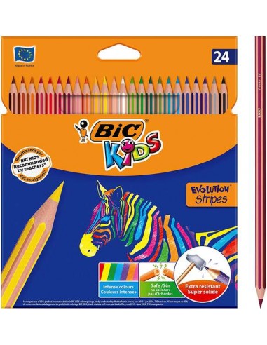 Bic Kids Evolution Stripes Caja de 24 Lapices de Colores surtidos - Fabricados en Resina - Punta Ultraresistente - Mina