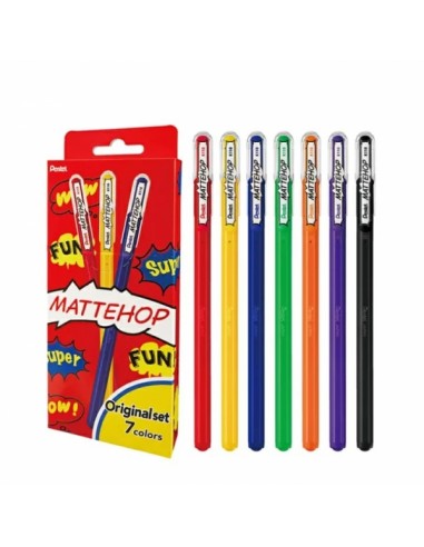 Pentel Mattehop Original Pack de 7 Boligrafos de Bola - Punta 1mm - Trazo 0.5mm - Tinta de Gel Opaca - Fabricado con 55-de