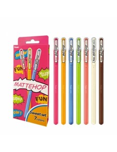 Pentel Mattehop Sweet Pack de 7 Boligrafos de Bola - Punta 1mm - Trazo 0.5mm - Tinta de Gel Opaca - Fabricado con 55-de