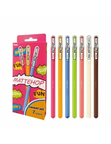 Pentel Mattehop Sweet Pack de 7 Boligrafos de Bola - Punta 1mm - Trazo 0.5mm - Tinta de Gel Opaca - Fabricado con 55-de