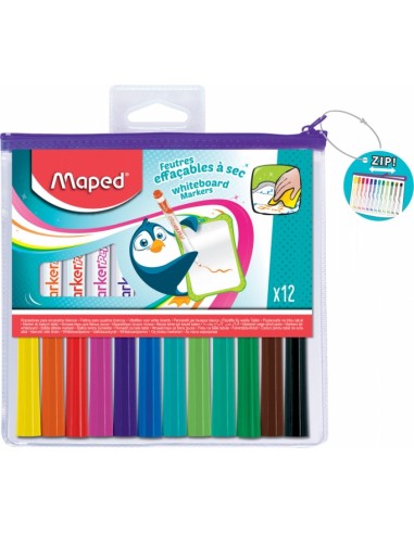 Maped Marker'Peps Pack de 12 Rotuladores para Pizarra Blanca - Punta de Bala 1.5mm - Borrado en Seco - Practica Bolsa con