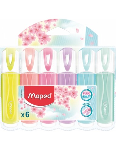 Maped Classic Pack de 6 Marcadores Fluorescentes Pastel - Punta Biselada - Trazo de 1 a 5mm - Ideal para Subrayar y Resaltar