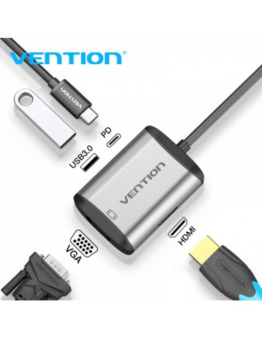 Vention Docking Station 4 en 1 USB-C a HDMI VGA USB3.0 PD87W - 0.15m - Color Gris