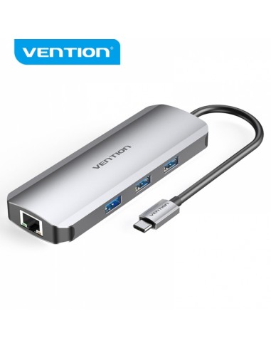 Vention Docking Station 8 en 1 USB-C a HDMI 4K 3xUSB 3.0 Lector SD MicroSD RJ45 PD 100W - 0.15m - Color Gris