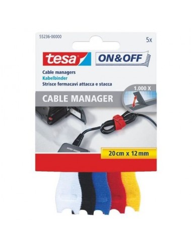 Tesa On & Off Cables Manager Pack de Tiras de Velcro 20cm x 12mm - Para Organizar Cables - Colores Surtidos