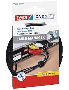 Tesa On & Off Cable Manager Pack de Tira de Velcro 5m x 10mm - Para Organizar Cables - Color Negro