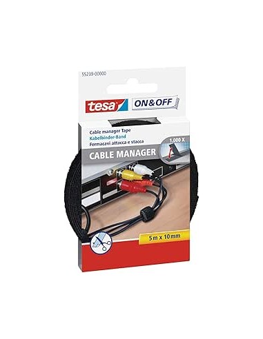 Tesa On & Off Cable Manager Pack de Tira de Velcro 5m x 10mm - Para Organizar Cables - Color Negro