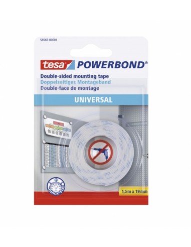 Tesa Powerbond Cinta Adhesiva Doble Cara 19mm x 1.5 Metros - Para Fijacion Segura y Rapida de Objetos Planos y Ligeros -