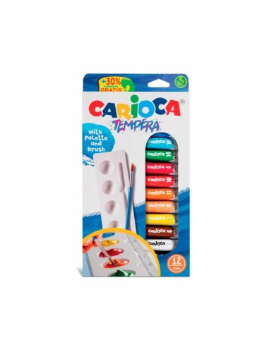 Carioca Pack de 12 Tubitos de Tempera - Incluye Pincel y Paleta - Colores Superlavables - Alto Poder Cubriente - Aplicable en