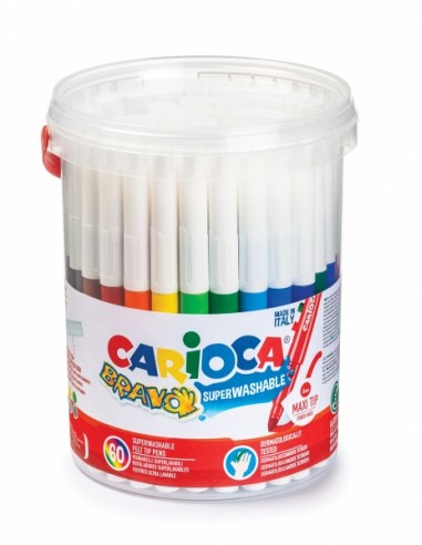 Carioca Bravo Pack de 60 Rotuladores - Cuerpo Octogonal Maxi - Tinta Superlavable - Punta Maxi 6mm Bloqueada - Tapa Ventilada