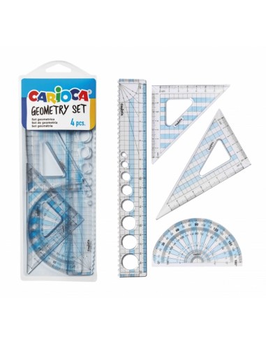 Carioca Pack Geometrico de 4 Herramientas - 1 Regla 20cm - 2 Escuadras - 1 Goniometro 180° - Herramienta Multifuncion -