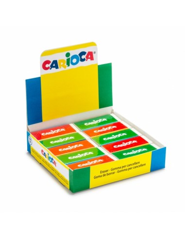Carioca Expositor de 20 Gomas Cuadradas - Alta Calidad - Borrado Eficiente - Duraderas - Color Varios