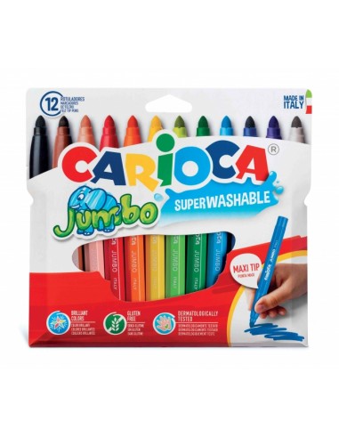 Carioca Jumbo Pack de 12 Rotuladores - Cuerpo Octogonal Maxi - Tinta Superlavable - Punta Maxi 6mm Bloqueada - Tapa Ventilada