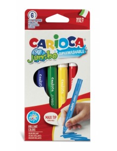 Carioca Pack de 6 Rotuladores Jumbo - Cuerpo Octogonal Maxi - Tinta Superlavable - Punta Maxi 6mm Bloqueada - Tapa Ventilada