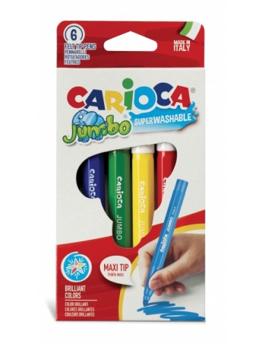 Carioca Pack de 6 Rotuladores Jumbo - Cuerpo Octogonal Maxi - Tinta Superlavable - Punta Maxi 6mm Bloqueada - Tapa Ventilada