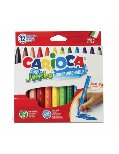 Carioca Jumbo Pack de 12 Rotuladores - Cuerpo Octogonal Maxi - Tinta Superlavable - Punta Maxi 6mm Bloqueada - Tapa Ventilada