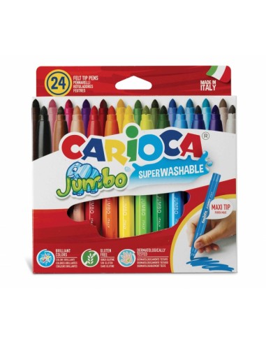 Carioca Jumbo Pack de 24 Rotuladores - Cuerpo Octogonal Maxi - Tinta Superlavable - Punta Maxi 6mm Bloqueada - Tapa Ventilada