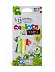 Carioca Fabric Pack de 6 Rotuladores para Tejidos - Punta Maxi Ø 6mm - Tinta Especial para Tejidos - Colores Indelebles Tras