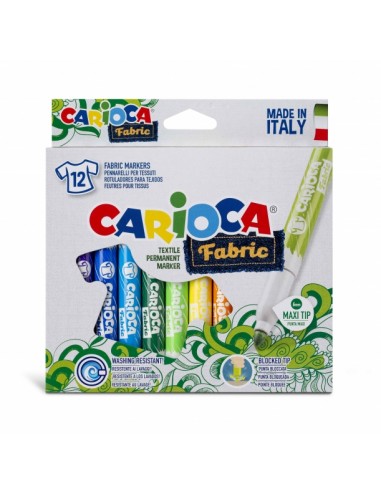 Carioca Fabric Pack de 12 Rotuladores para Tejidos - Punta Maxi Ø 6mm - Tinta Especial para Tejidos - Colores Indelebles -