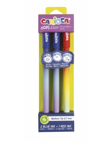 Carioca Oops Easy Pack de 3 Boligrafos Borrables - Tinta Termo Sensible - Cuerpo con Efecto Degradado - Punta de Ø 0.7mm -