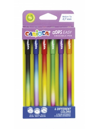 Carioca Oops Easy Blister de 6 Boligrafos Borrables - Tinta Termo Sensible - Cuerpo con Efecto Degradado - Punta de Ø 0.7mm