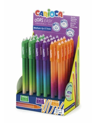 Pack Carioca Oops Easy Expositor de 30 Boligrafos Borrables - Tinta Termo Sensible - Cuerpo con Efecto Degradado - Punta de