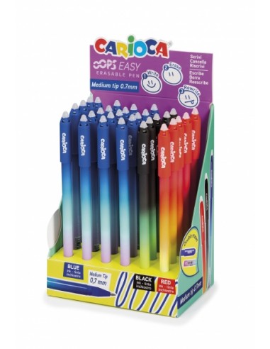 Carioca Oops Easy Expositor de 30 Boligrafos Borrables - Tinta Termo Sensible - Cuerpo con Efecto Degradado - Punta de 0.7mm