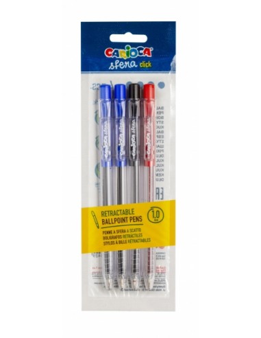 Pack Carioca Sfera Pack de 4 Boligrafos Retractiles - Punta Ø 1mm - Boligrafos Retractiles - Click Facil y Comodo -