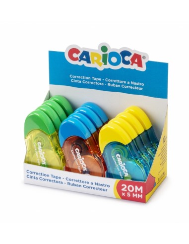 Carioca Tape Expositor de 12 Correctores de Cinta - 20mx5mm - Cubriente - Se Puede Volver a Escribir Enseguida - Ideal para