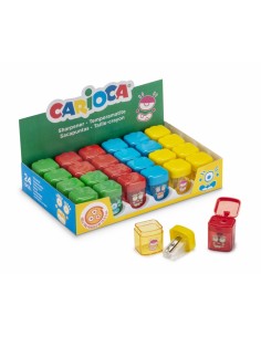 Carioca Expositor Pack 24 Sacapuntas de Colores con Deposito - 1 Agujero - Apto para Lapices Ceras Triangulares-Redondos y
