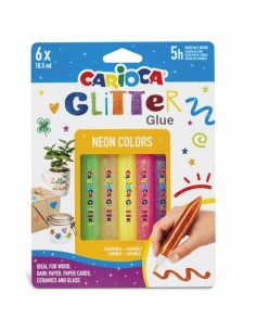 Carioca Glitter Glue Fluo Blister de 6 Tubitos de Cola de Color - para Decorar con Efecto Glitter - Se Aplica Directamente